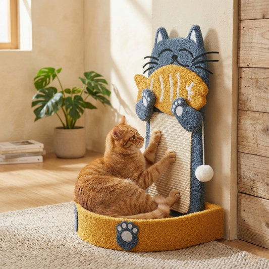 Cat Scratcher - Multi-Functional Cat House Nest, Decorative Sisal Fibre Column with Plush Toy & Bed for Indoor Cats