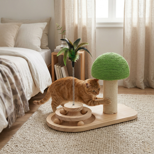 Cat Scratcher - 3 in 1 Wooden Play Station, Mushroom Shaped Sisal Column with Spring Toy & Ball Track