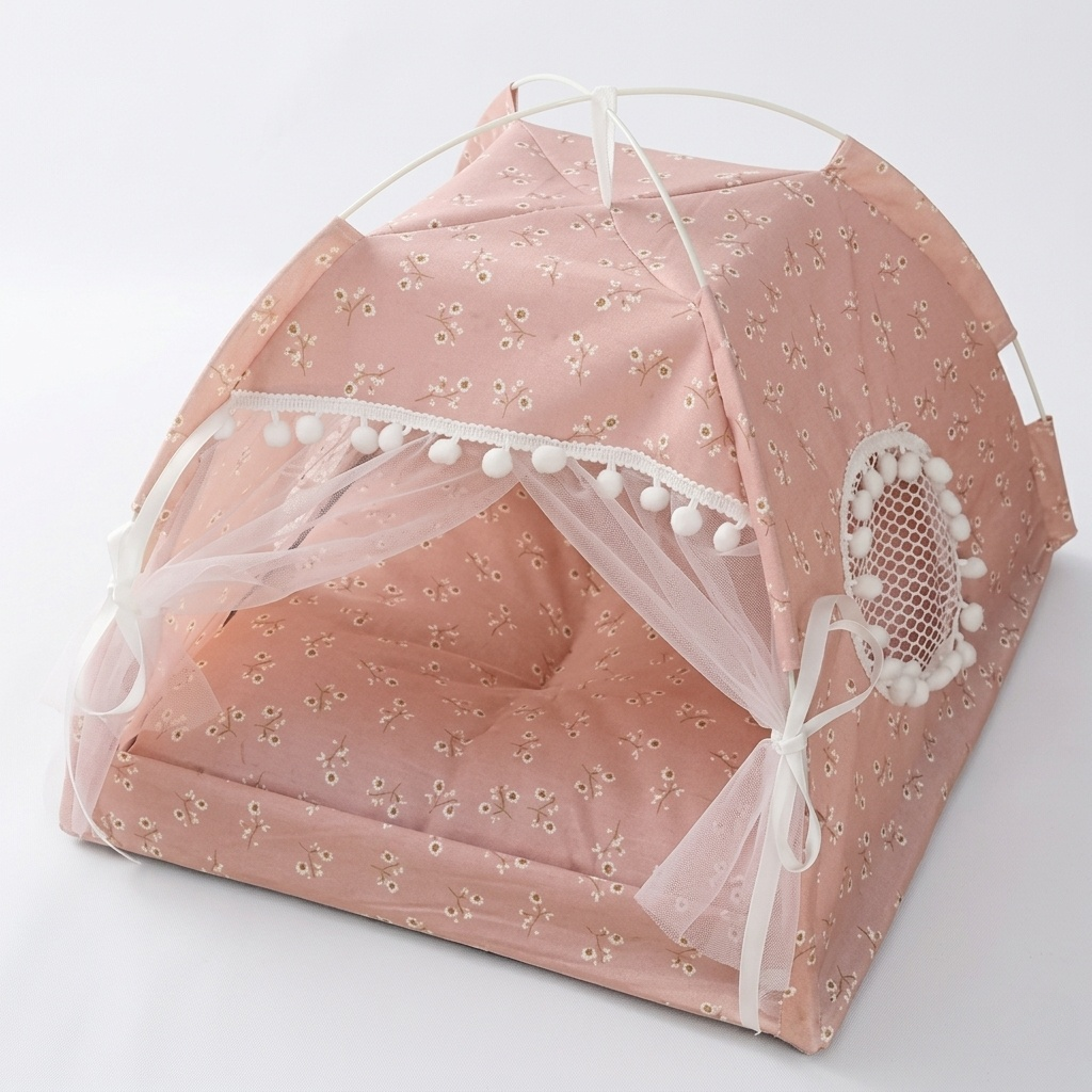 Cat Bed – Foldable Pet Teepee with Removable Mat, Decorative Indoor Cat Nest with Mesh Windows