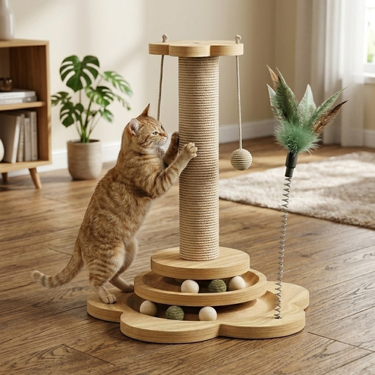 Cat Scratcher - Foldable Wooden Play Station with Hanging Balls, Spring-Loaded Feather Toy & Anti-Slip Base
