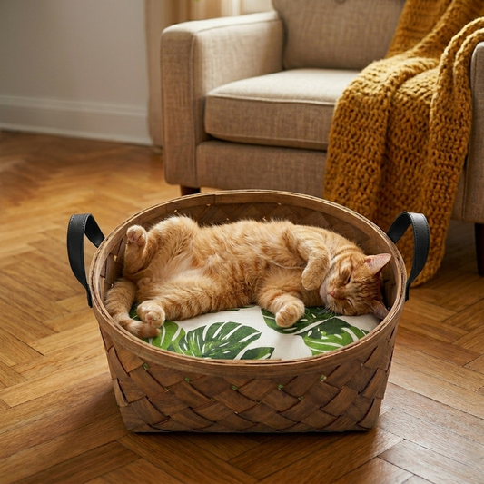 Cat Bed - All-Season Breathable Rattan Basket, Portable Indoor Pet Sofa Nest with Removable Pillow