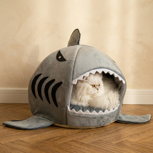 Cat Bed - High-Elastic PP Cotton Filled Shark Pet Nest, Anti-Slip Bottom Cat Bed for Medium Cats, Washable Cover