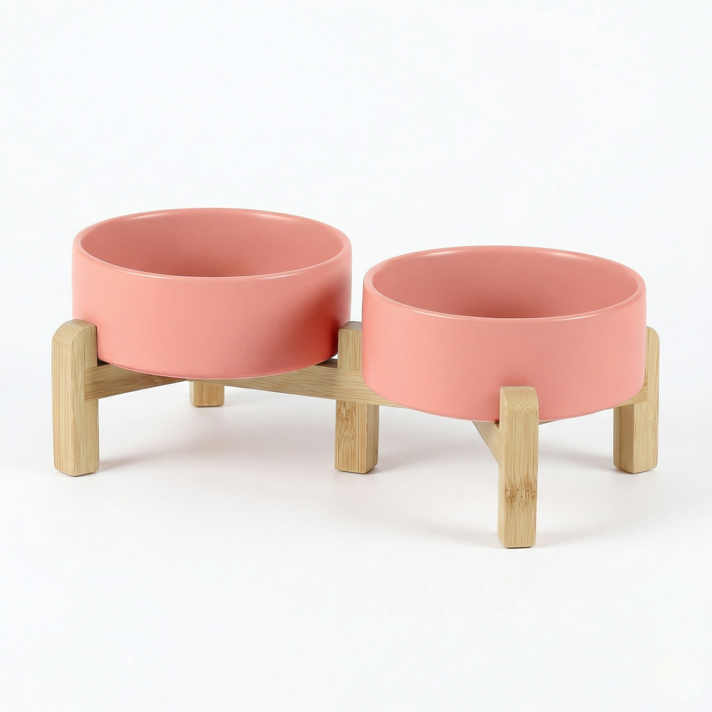 Cat Bowl - Ceramic Cat Dish with Solid Wood Stand, Minimalist Elevated Feeding Station