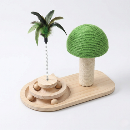 Cat Scratcher - 3 in 1 Wooden Play Station, Mushroom Shaped Sisal Column with Spring Toy & Ball Track