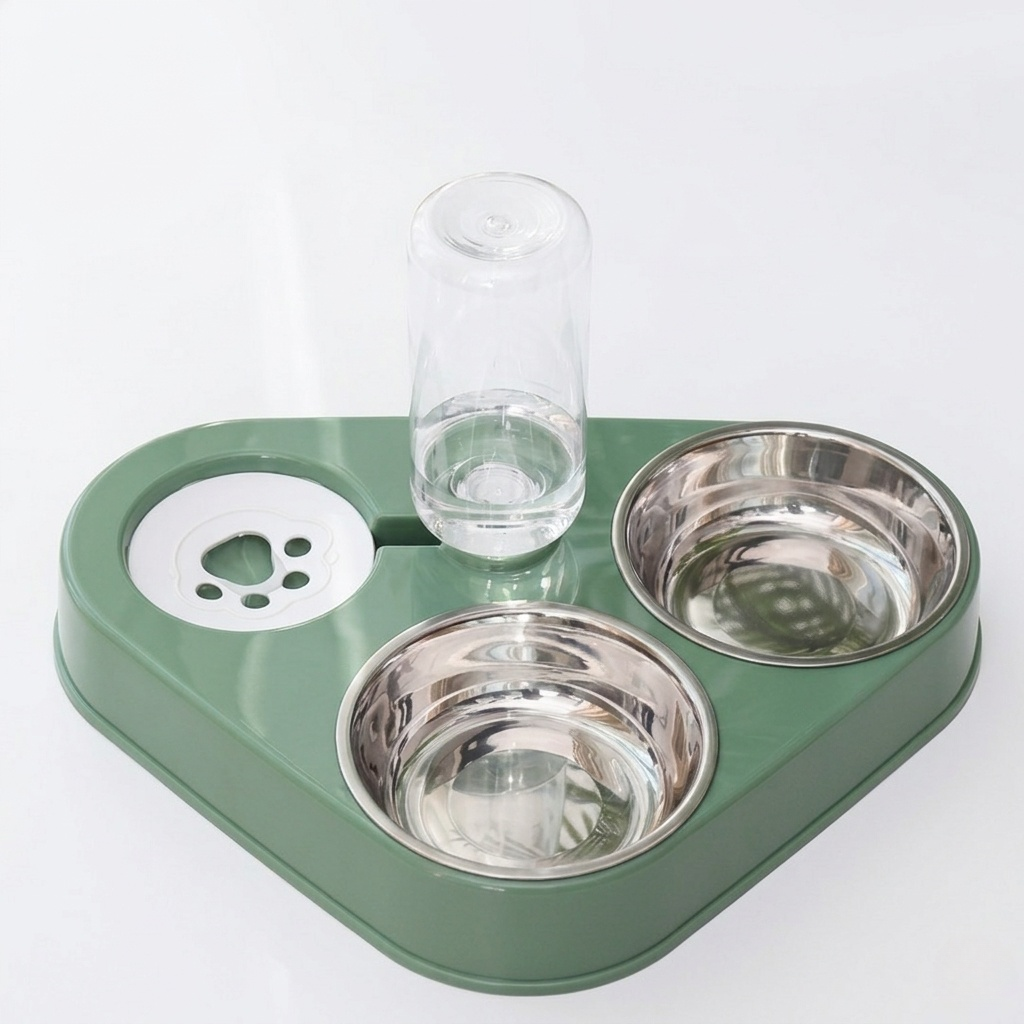 Dog Bowl - 3 in 1 Automatic Water Dispenser & Double Stainless Steel Feeder, Gravity Refill Bottle & Splash-Proof Station