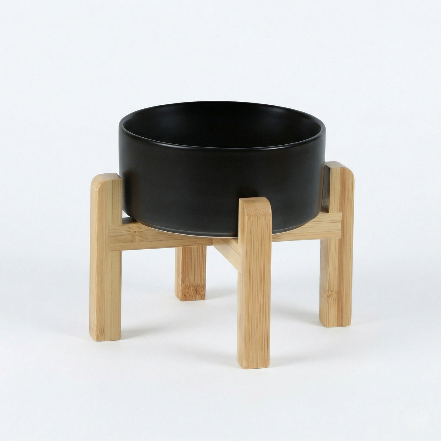 Cat Bowl - Ceramic Cat Dish with Solid Wood Stand, Minimalist Elevated Feeding Station
