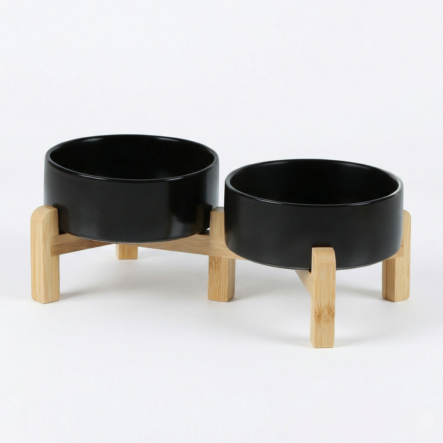 Cat Bowl - Ceramic Cat Dish with Solid Wood Stand, Minimalist Elevated Feeding Station