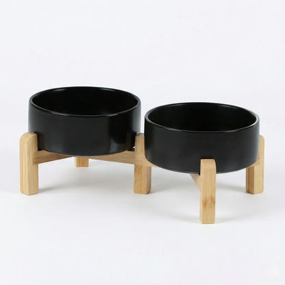 Cat Bowl - Ceramic Cat Dish with Solid Wood Stand, Minimalist Elevated Feeding Station