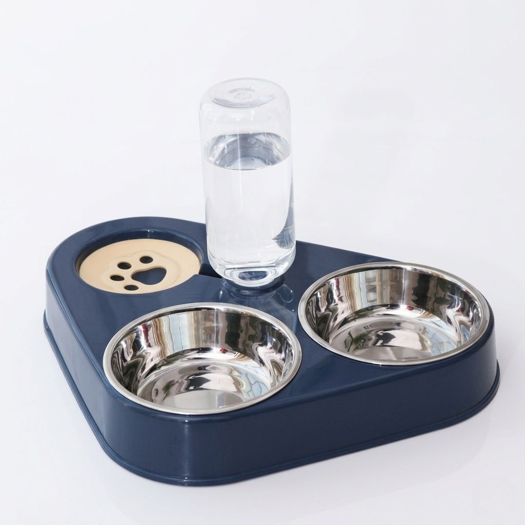 Dog Bowl - 3 in 1 Automatic Water Dispenser & Double Stainless Steel Feeder, Gravity Refill Bottle & Splash-Proof Station