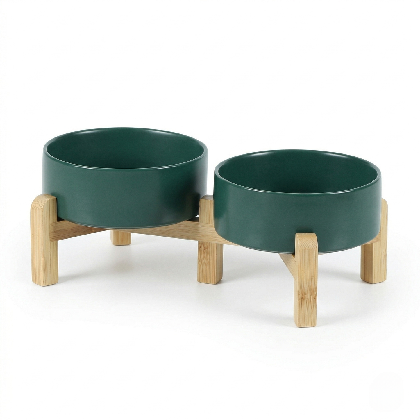 Cat Bowl - Ceramic Cat Dish with Solid Wood Stand, Minimalist Elevated Feeding Station