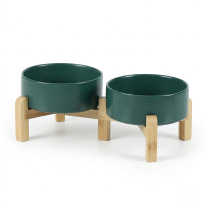 Cat Bowl - Ceramic Cat Dish with Solid Wood Stand, Minimalist Elevated Feeding Station