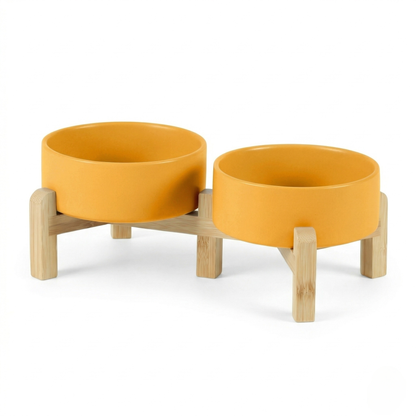 Cat Bowl - Ceramic Cat Dish with Solid Wood Stand, Minimalist Elevated Feeding Station