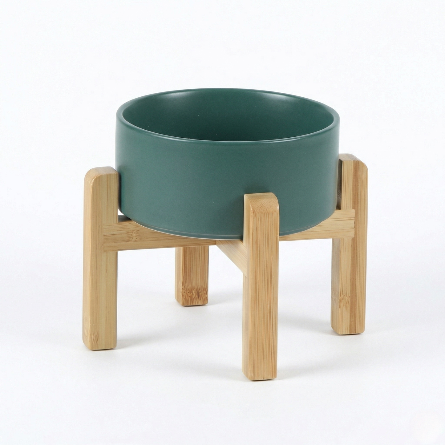 Cat Bowl - Ceramic Cat Dish with Solid Wood Stand, Minimalist Elevated Feeding Station