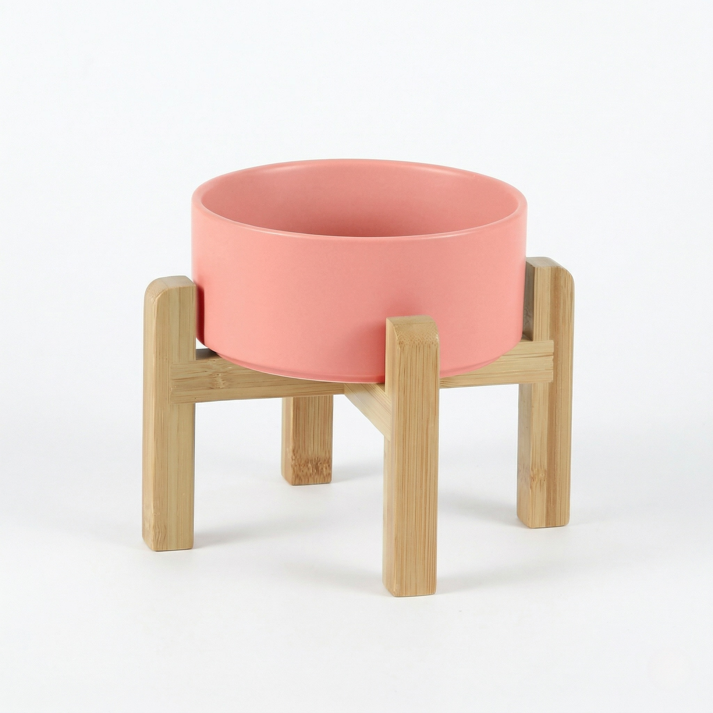 Cat Bowl - Ceramic Cat Dish with Solid Wood Stand, Minimalist Elevated Feeding Station