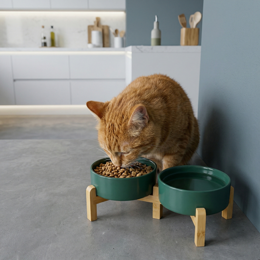 Cat Bowl - Ceramic Cat Dish with Solid Wood Stand, Minimalist Elevated Feeding Station