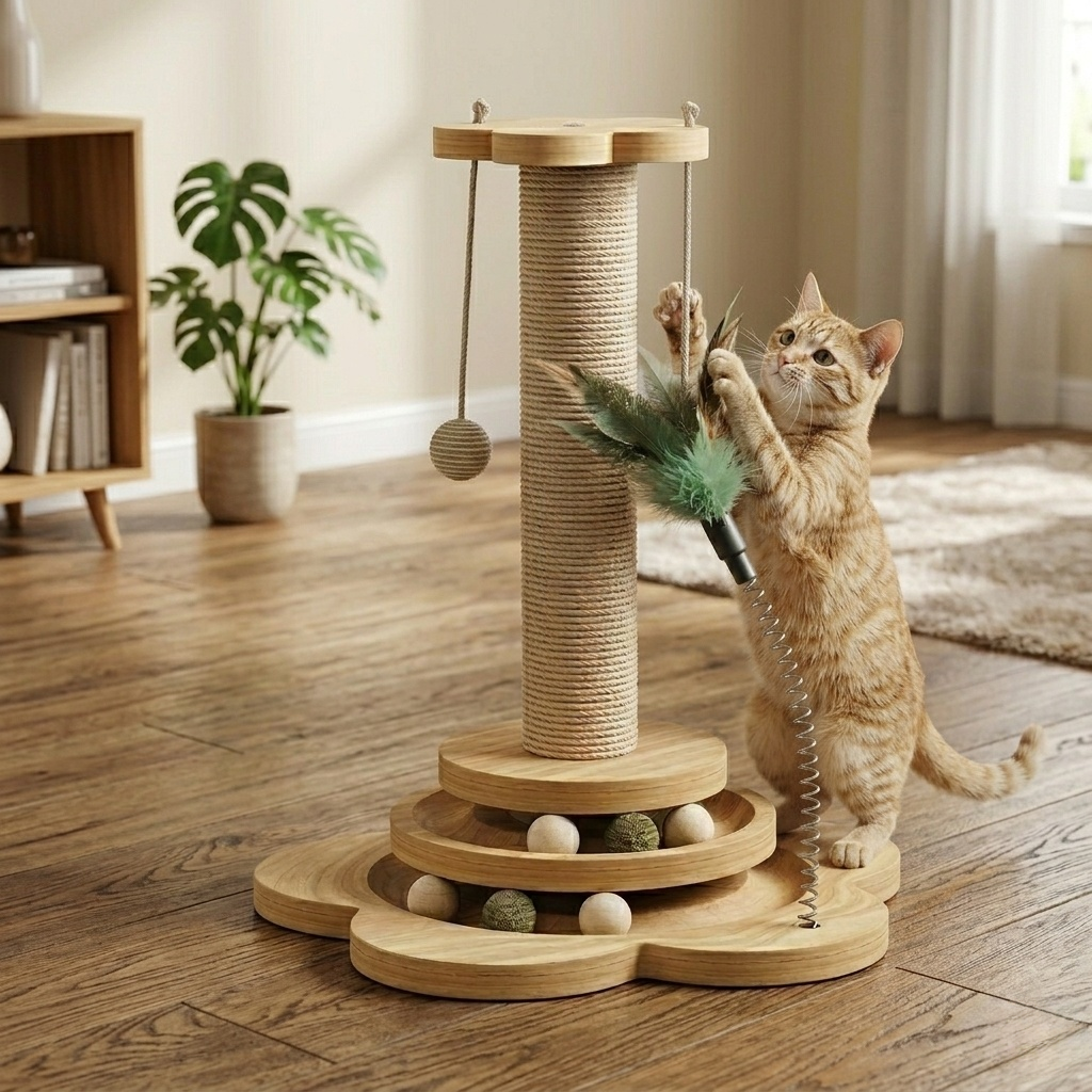 Cat Scratcher - Foldable Wooden Play Station with Hanging Balls, Spring-Loaded Feather Toy & Anti-Slip Base