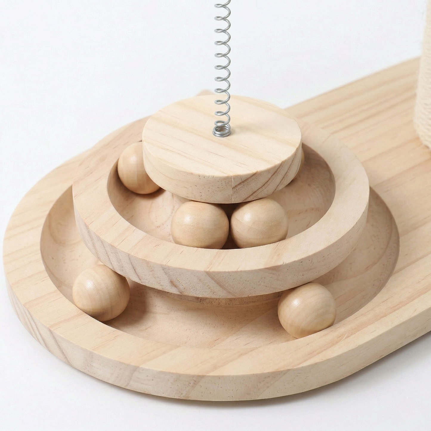 Cat Scratcher - 3 in 1 Wooden Play Station, Mushroom Shaped Sisal Column with Spring Toy & Ball Track