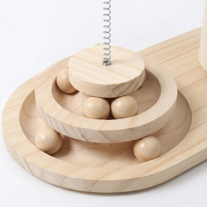 Cat Scratcher - 3 in 1 Wooden Play Station, Mushroom Shaped Sisal Column with Spring Toy & Ball Track