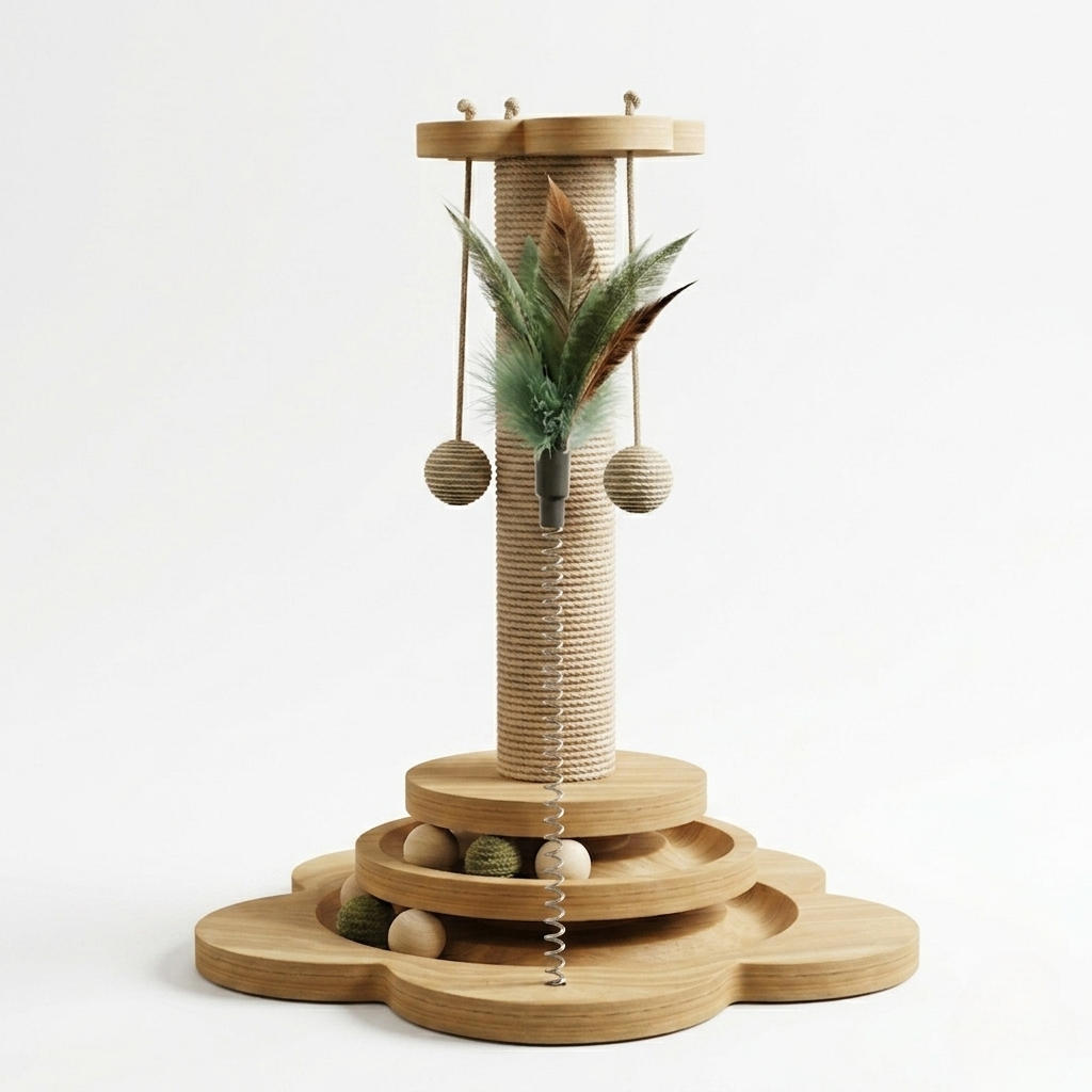 Cat Scratcher - Wooden Play Station with Sisal Post & Feather Toy