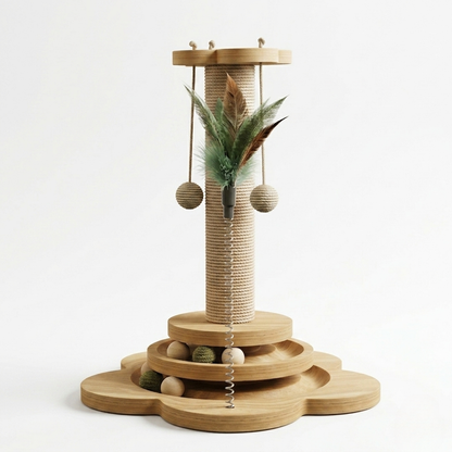 Cat Scratcher - Wooden Play Station with Sisal Post & Feather Toy