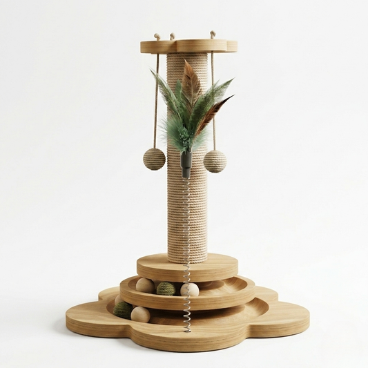 Cat Scratcher - Wooden Play Station with Sisal Post & Feather Toy