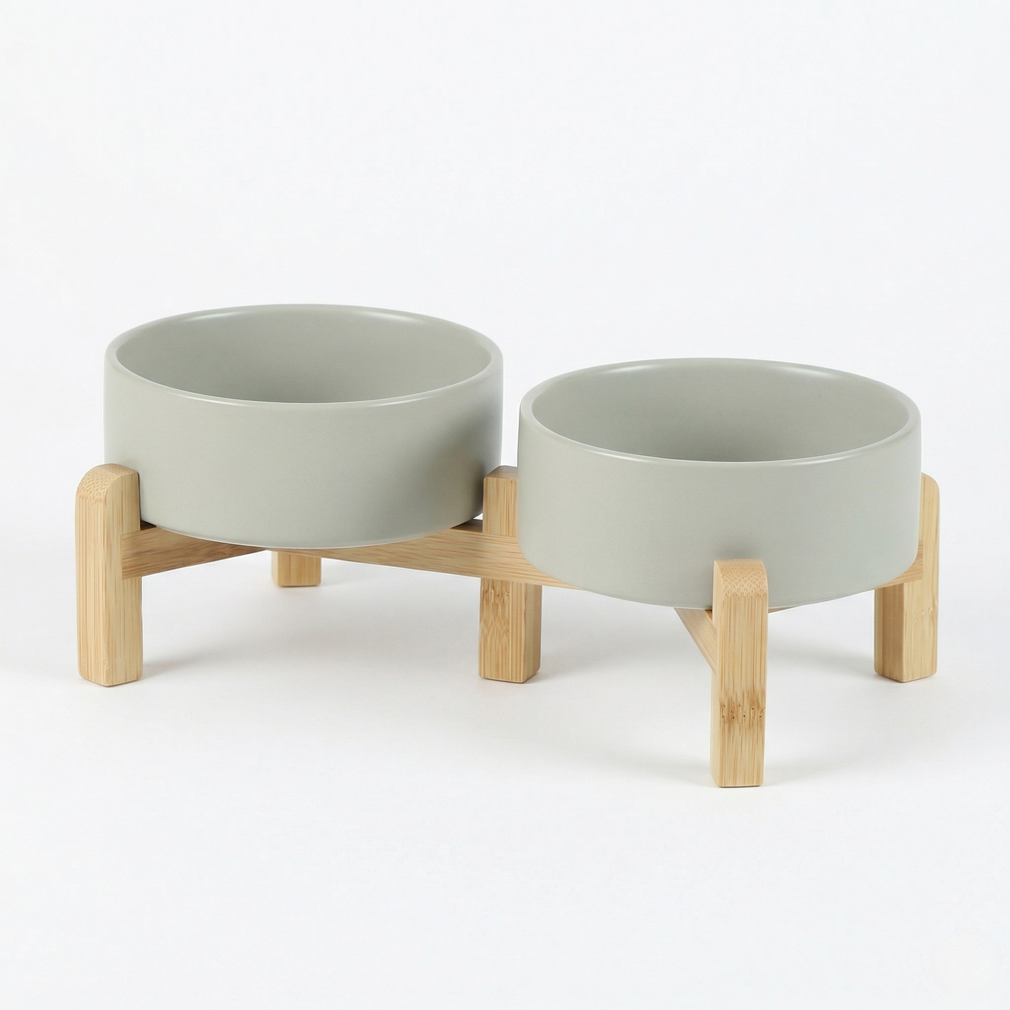 Cat Bowl - Ceramic Cat Dish with Solid Wood Stand, Minimalist Elevated Feeding Station