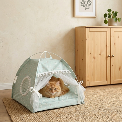 Cat Bed – Foldable Pet Teepee with Removable Mat, Decorative Indoor Cat Nest with Mesh Windows