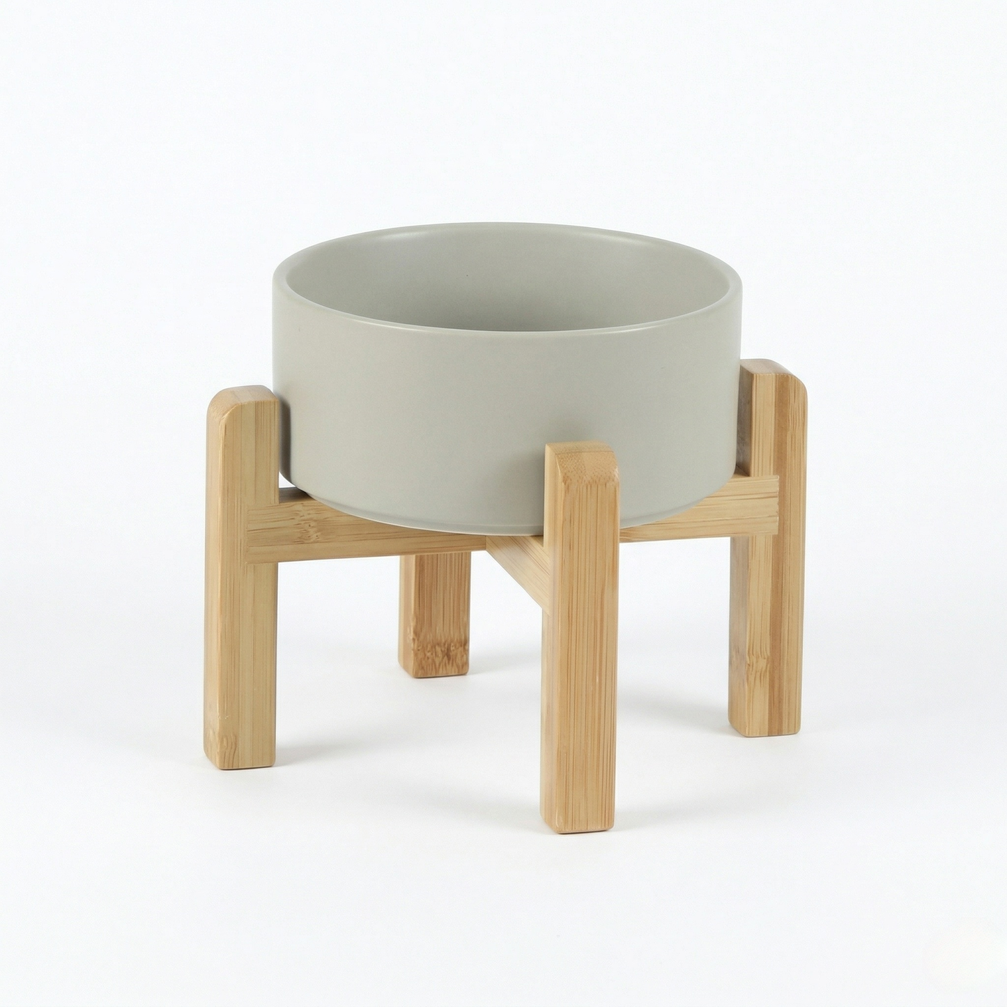 Cat Bowl - Ceramic Cat Dish with Solid Wood Stand, Minimalist Elevated Feeding Station