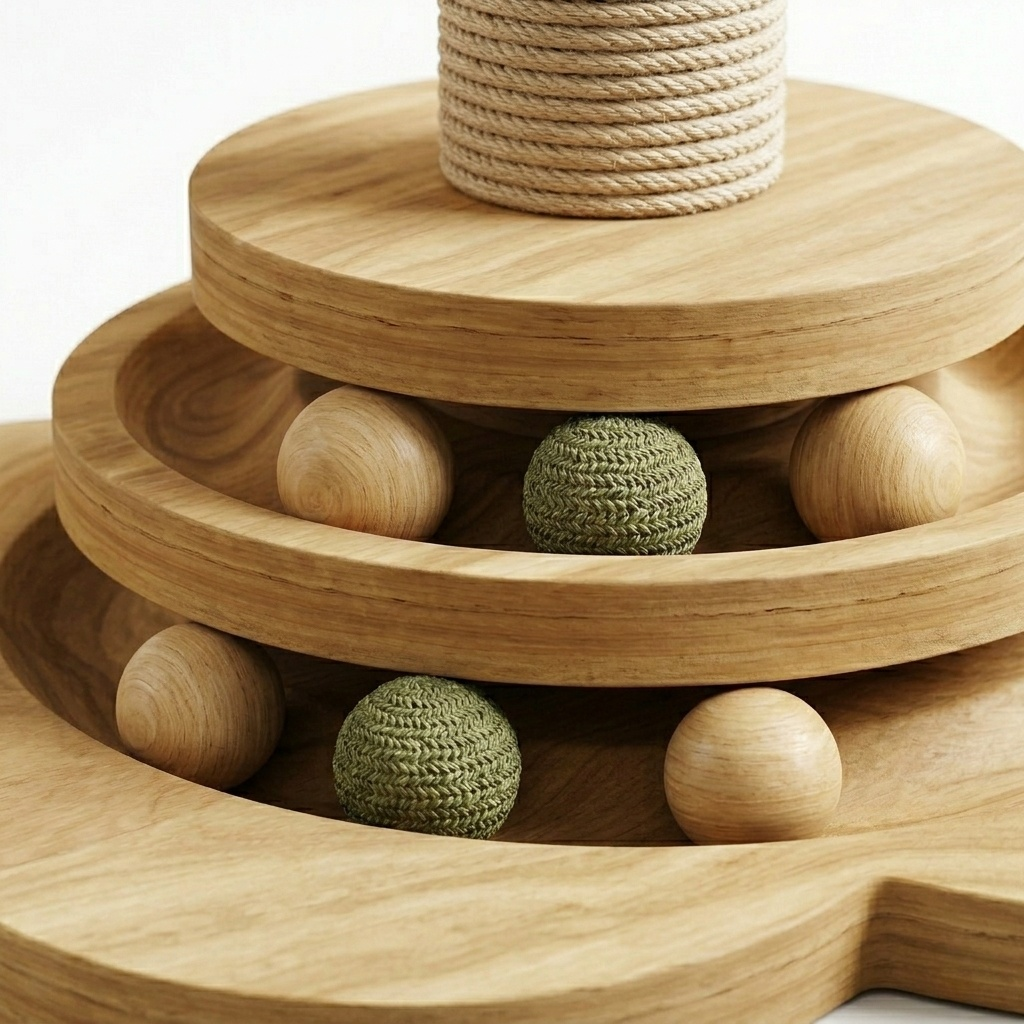 Cat Scratcher - Foldable Wooden Play Station with Hanging Balls, Spring-Loaded Feather Toy & Anti-Slip Base
