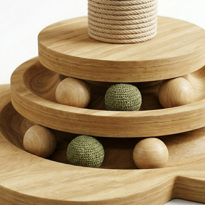 Cat Scratcher - Foldable Wooden Play Station with Hanging Balls, Spring-Loaded Feather Toy & Anti-Slip Base