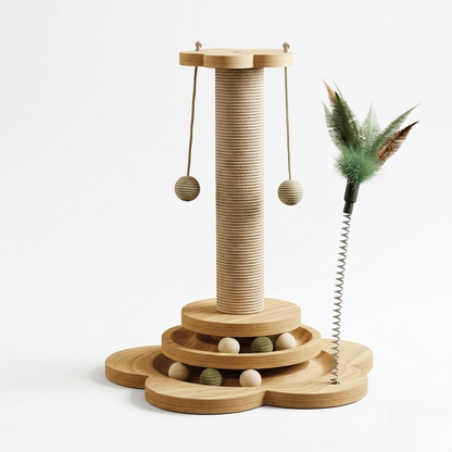 Cat Scratcher - Foldable Wooden Play Station with Hanging Balls, Spring-Loaded Feather Toy & Anti-Slip Base