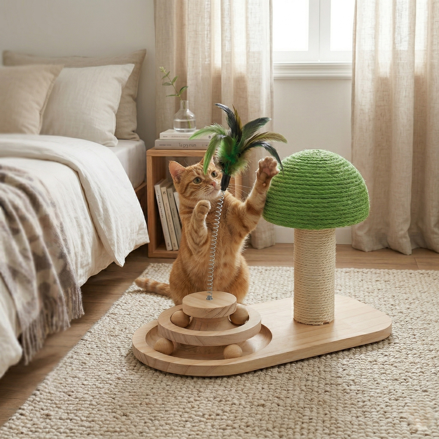 Cat Scratcher - 3 in 1 Wooden Play Station, Mushroom Shaped Sisal Column with Spring Toy & Ball Track