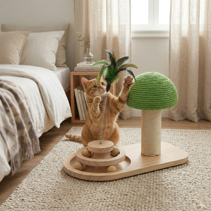 Cat Scratcher - 3 in 1 Wooden Play Station, Mushroom Shaped Sisal Column with Spring Toy & Ball Track