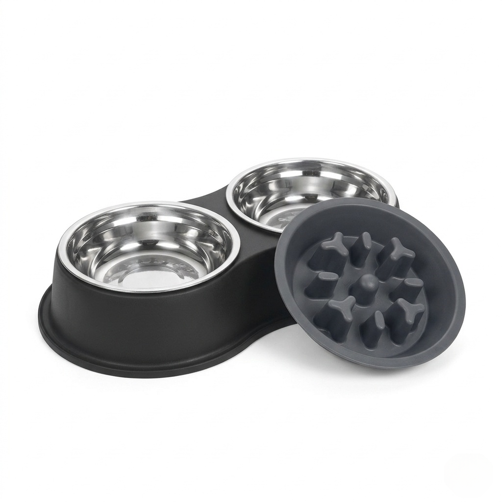 Dog Bowl - Double Pet Feeding Station with Detachable Metal Basin, Easy-to-Clean Non-Slip Base for Food & Water