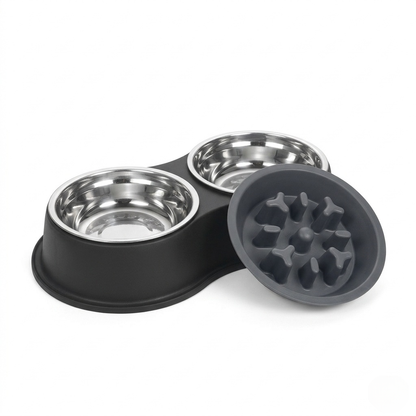 Dog Bowl - Double Pet Feeding Station with Detachable Metal Basin, Easy-to-Clean Non-Slip Base for Food & Water