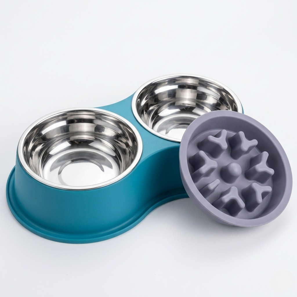 Dog Bowl - Double Pet Feeding Station with Detachable Metal Basin, Easy-to-Clean Non-Slip Base for Food & Water