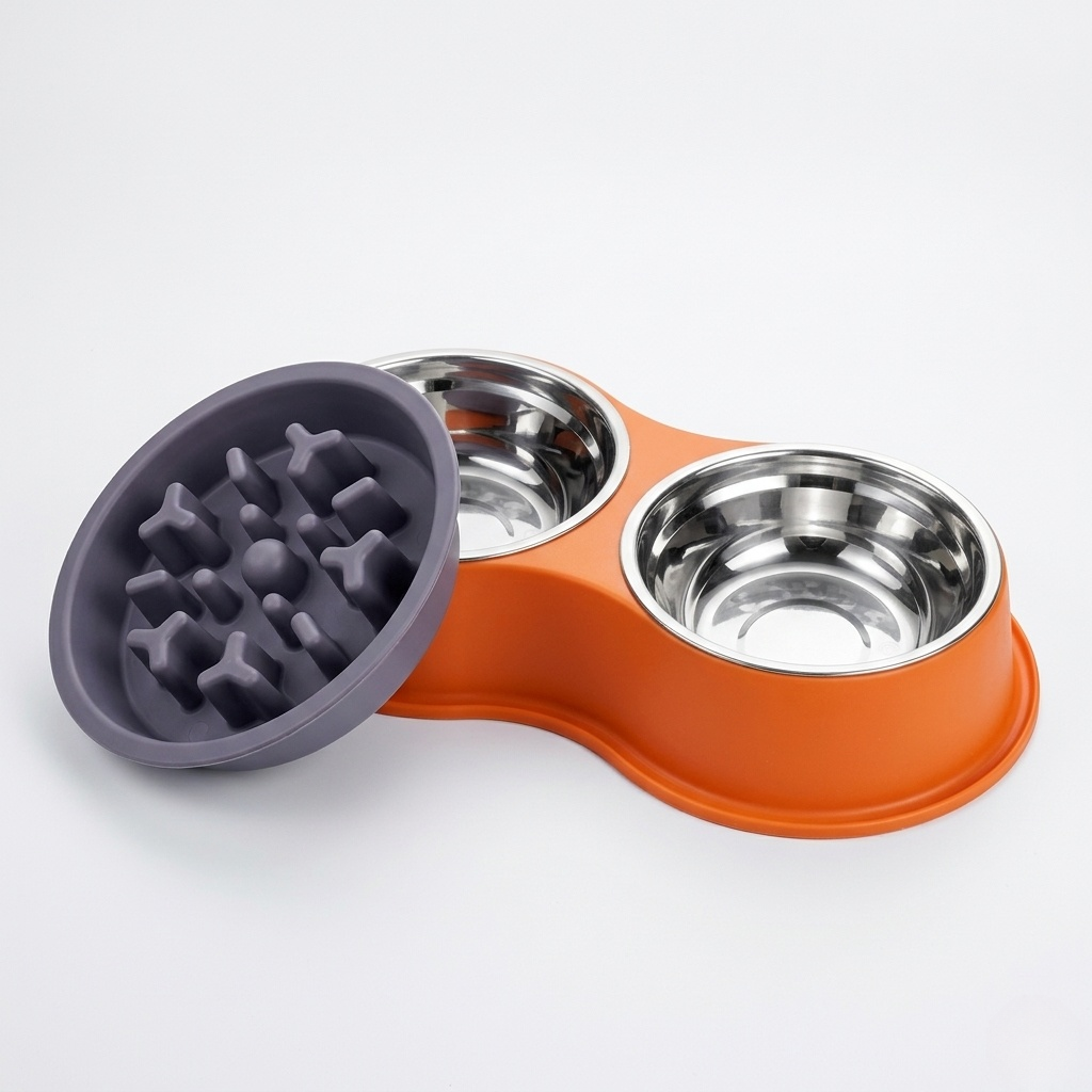 Dog Bowl - Double Pet Feeding Station with Detachable Metal Basin, Easy-to-Clean Non-Slip Base for Food & Water