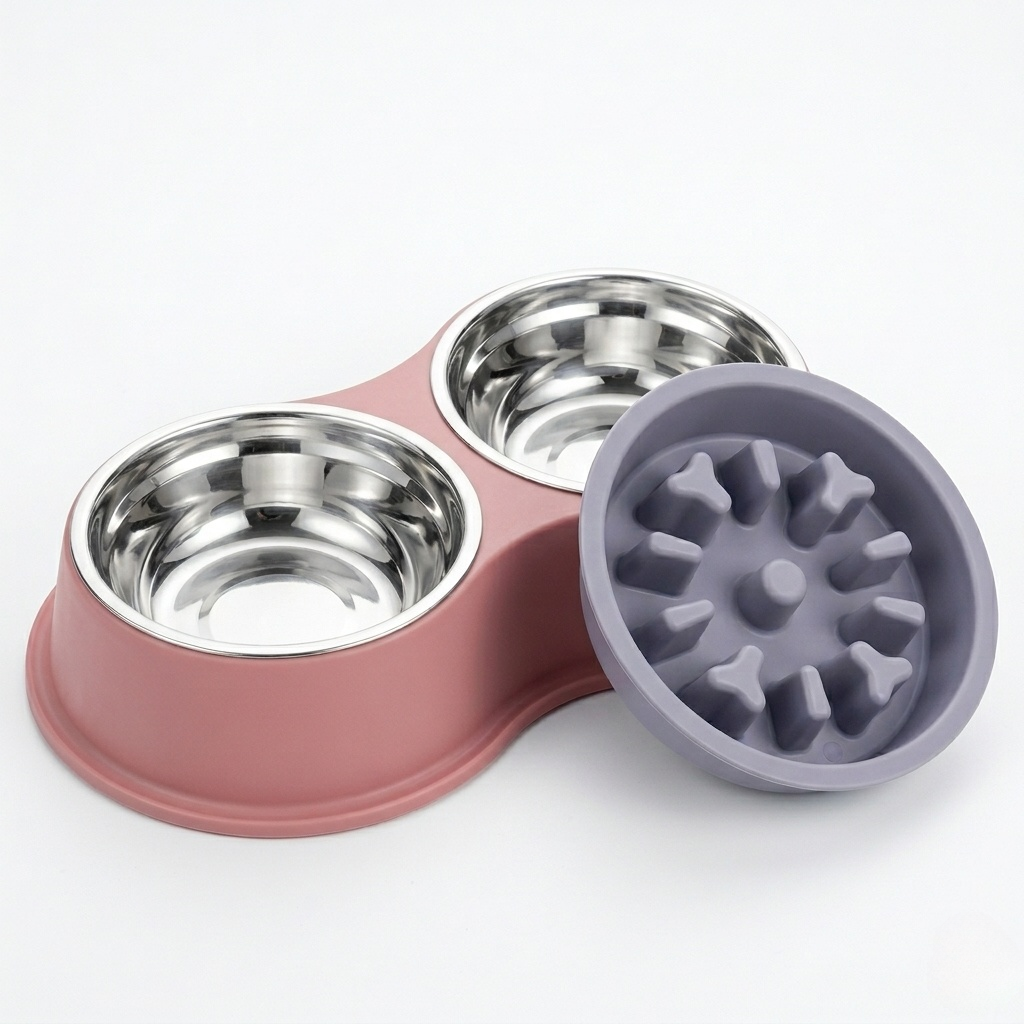 Dog Bowl - Double Pet Feeding Station with Detachable Metal Basin, Easy-to-Clean Non-Slip Base for Food & Water
