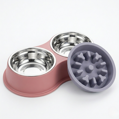 Dog Bowl - Double Pet Feeding Station with Detachable Metal Basin, Easy-to-Clean Non-Slip Base for Food & Water