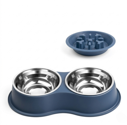 Dog Bowl - Double Pet Feeding Station with Detachable Metal Basin, Easy-to-Clean Non-Slip Base for Food & Water