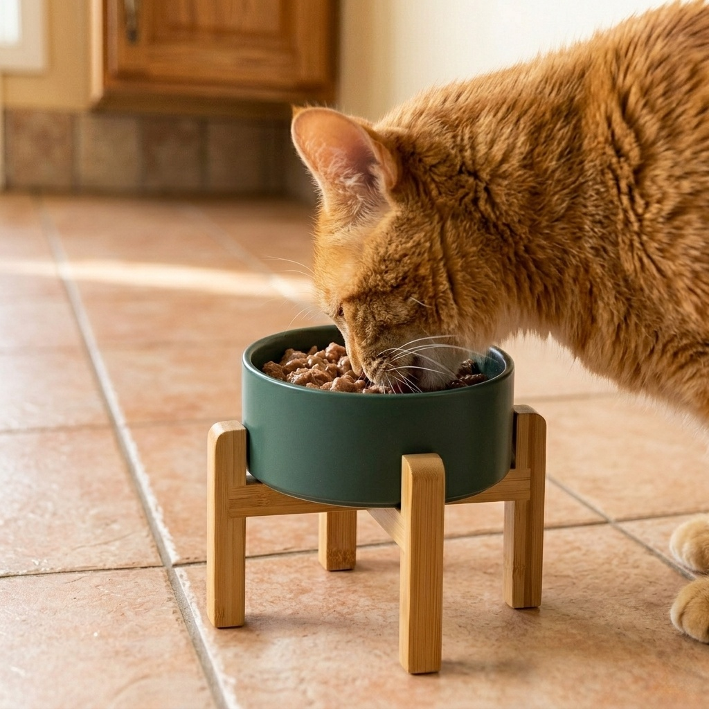 Cat Bowl - Ceramic Cat Dish with Solid Wood Stand, Minimalist Elevated Feeding Station