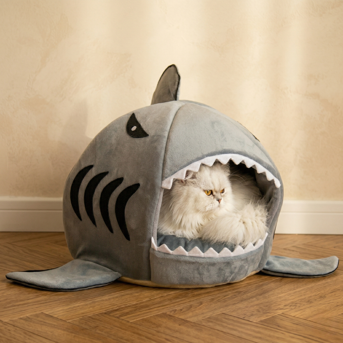Cat Bed - High-Elastic PP Cotton Filled Shark Pet Nest, Anti-Slip Bottom Cat Bed for Medium Cats, Washable Cover