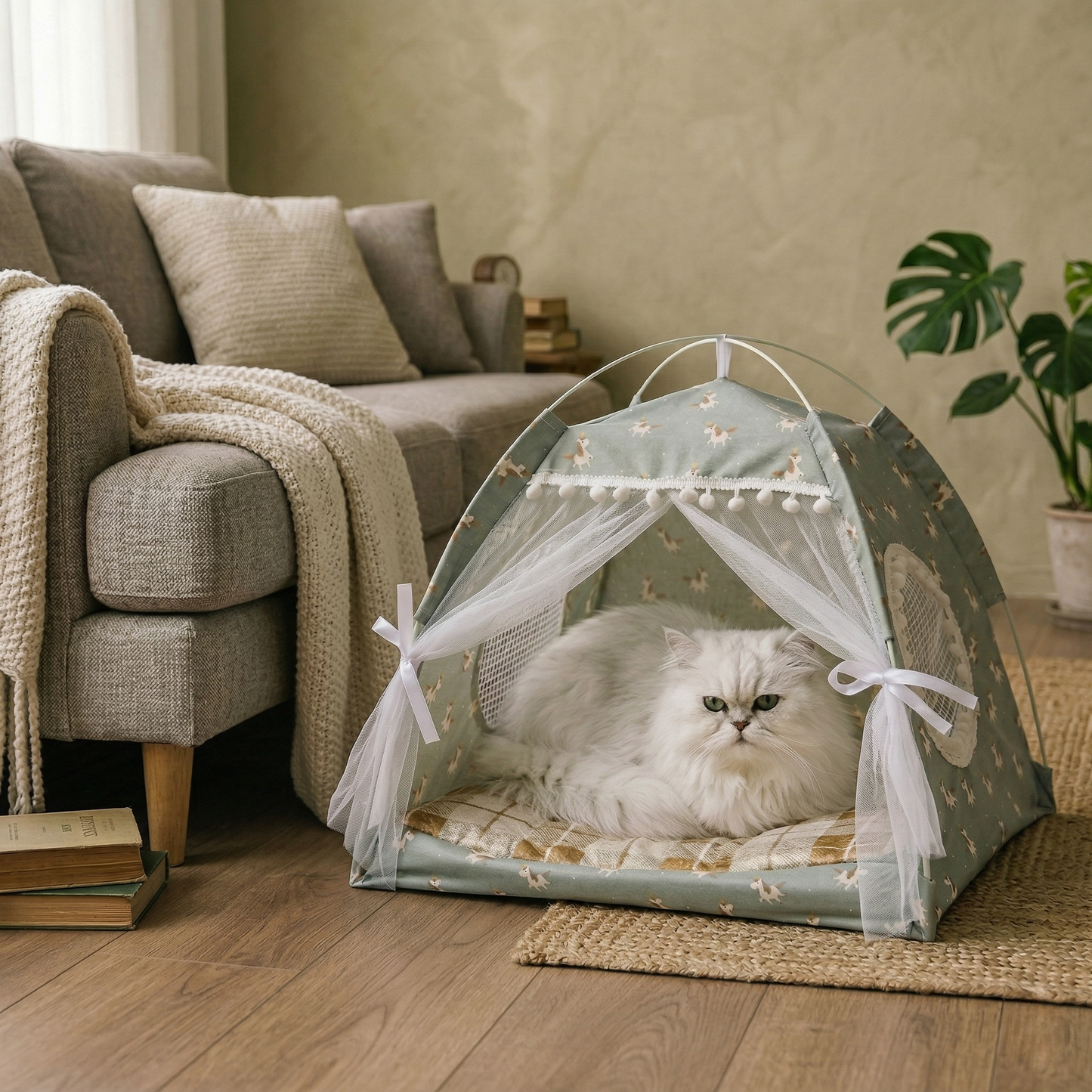 Cat Bed – Foldable Pet Teepee with Removable Mat, Decorative Indoor Cat Nest with Mesh Windows