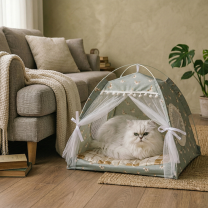 Cat Bed – Foldable Pet Teepee with Removable Mat, Decorative Indoor Cat Nest with Mesh Windows